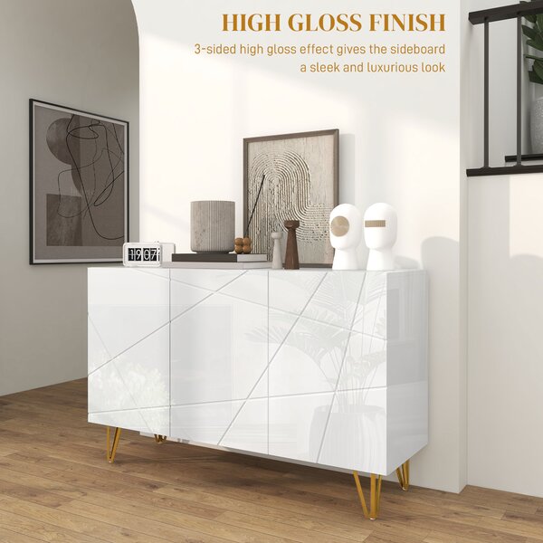 HOMCOM Storage Cabinet with High Gloss Front, Freestanding Sideboard with Adjustable Shelves, Soft-Close Doors and Gold Tone Hairpin Legs Aosom UK