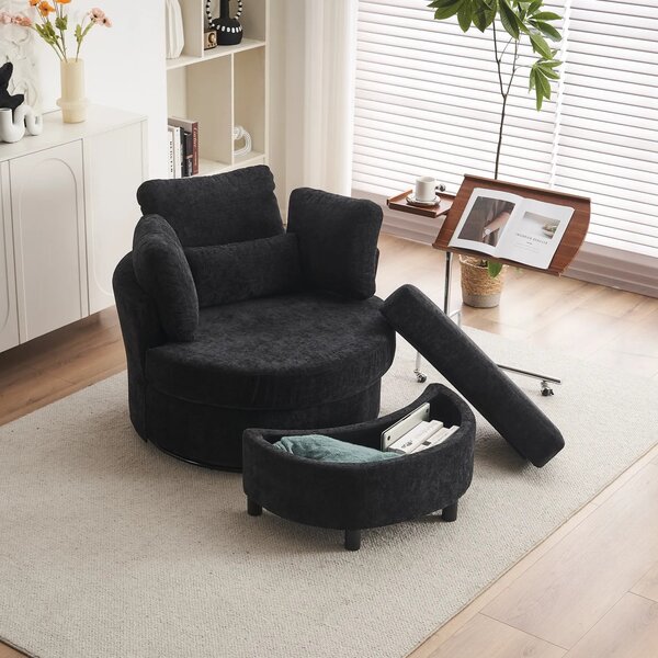 Chenille Swivel Bedroom Chairs with 3 Back Cushions and Crescent Ottoman Stool, Single Sofa for Living room, 107L x 105W x 82H cm, Black Aosom.UK