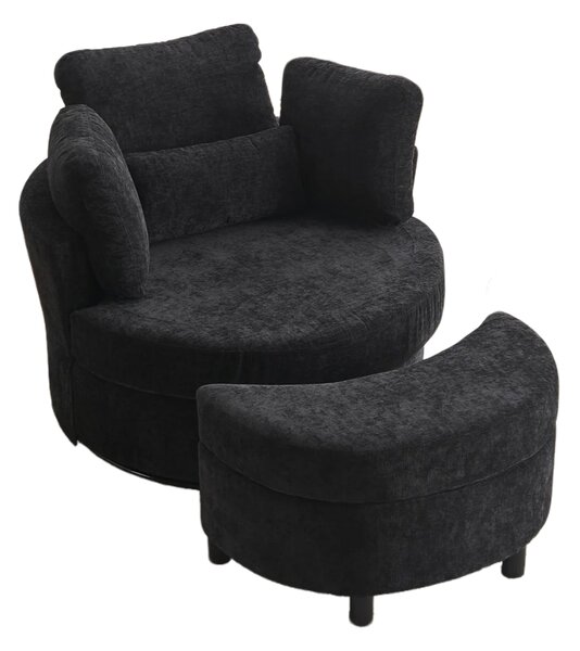 Chenille Swivel Bedroom Chairs with 3 Back Cushions and Crescent Ottoman Stool, Single Sofa for Living room, 107L x 105W x 82H cm, Black Aosom.UK