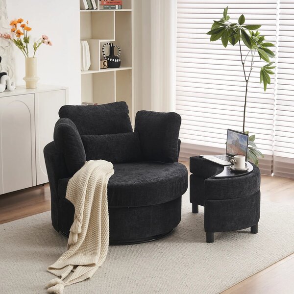 Chenille Swivel Bedroom Chairs with 3 Back Cushions and Crescent Ottoman Stool, Single Sofa for Living room, 107L x 105W x 82H cm, Black Aosom.UK