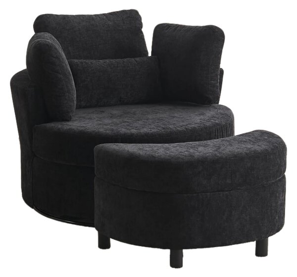 Chenille Swivel Bedroom Chairs with 3 Back Cushions and Crescent Ottoman Stool, Single Sofa for Living room, 107L x 105W x 82H cm, Black Aosom.UK