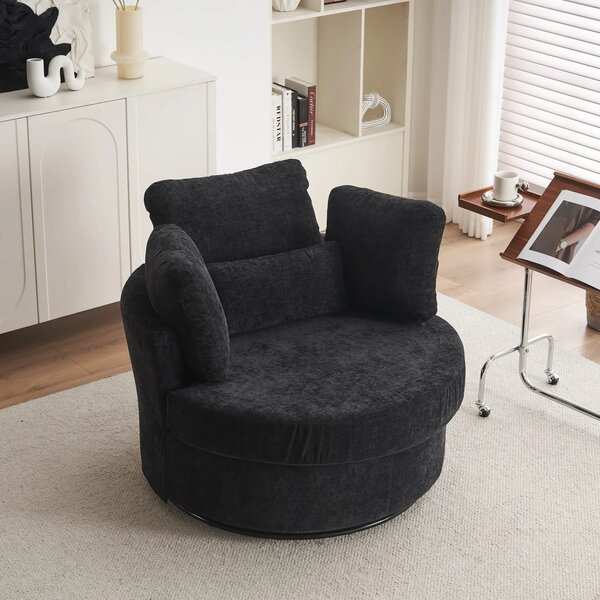 Chenille Swivel Bedroom Chairs with 3 Back Cushions and Crescent Ottoman Stool, Single Sofa for Living room, 107L x 105W x 82H cm, Black Aosom.UK