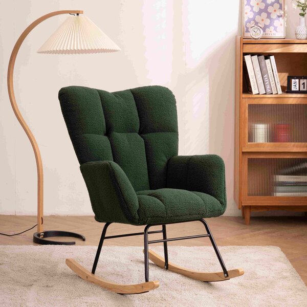 Teddy Fabric Modern Rocker with Padded Seat and Metal Base, Tufted Upholstered Comfy Chairs for Outdoor, Indoor, 80x70x95 cm, Dark Green Aosom.UK