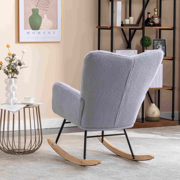 Mid Century Modern Teddy Fabric Tufted Upholstered Rocking Chair with Padded Seat, Rocking Chair for Nursery, 80x70x95 cm, Light Grey Aosom UK