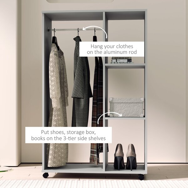 HOMCOM Open Wardrobe on Wheels with Clothes Rail, Bedroom Clothes Storage with Hanging Rod, 3 Storage Shelve, Grey Aosom UK