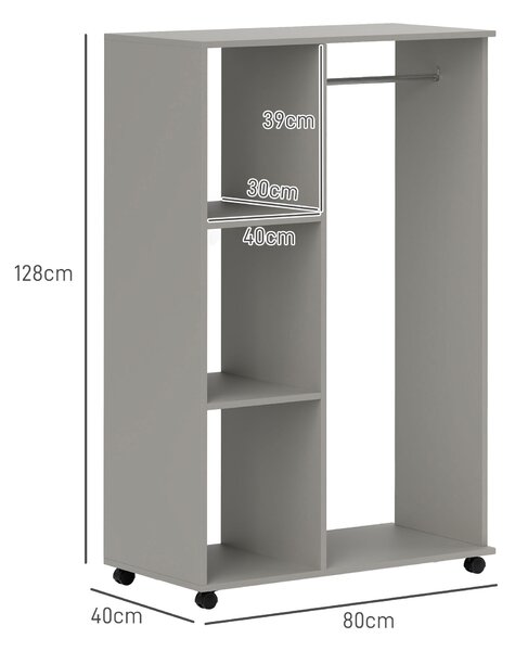 HOMCOM Open Wardrobe on Wheels with Clothes Rail, Bedroom Clothes Storage with Hanging Rod, 3 Storage Shelve, Grey Aosom UK
