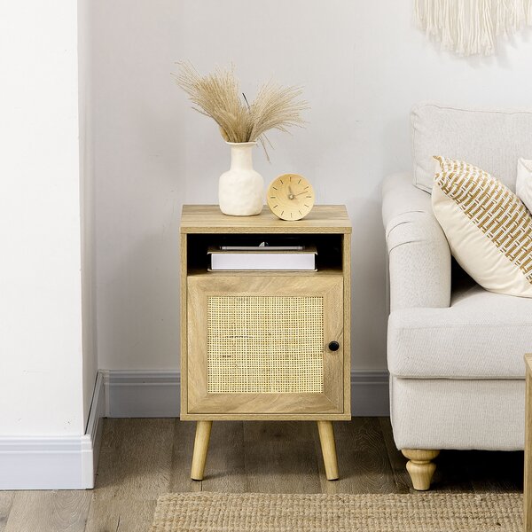 HOMCOM Bedside Table with Rattan Element, Side End Table with Shelf and Cupboard, 39cmx35cmx60cm, Natural Aosom UK