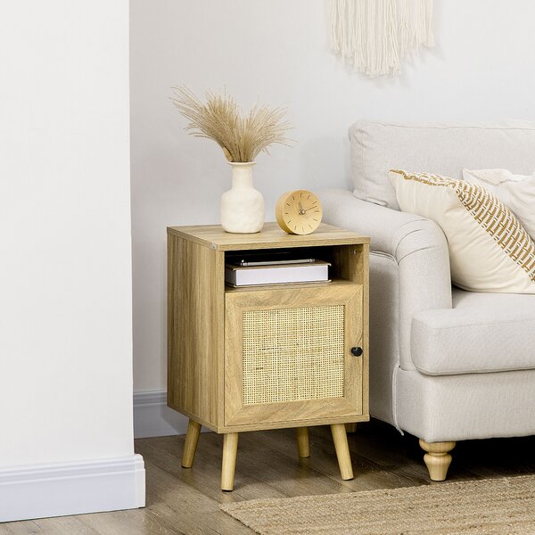HOMCOM Bedside Table with Rattan Element, Side End Table with Shelf and Cupboard, 39cmx35cmx60cm, Natural Aosom UK