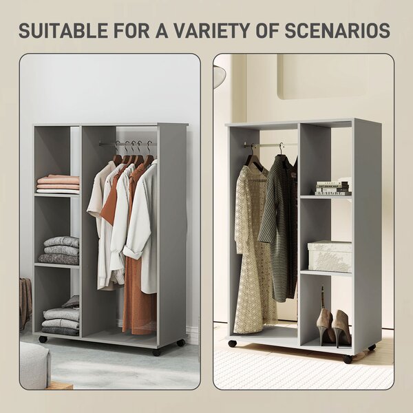 HOMCOM Open Wardrobe on Wheels with Clothes Rail, Bedroom Clothes Storage with Hanging Rod, 3 Storage Shelve, Grey Aosom UK