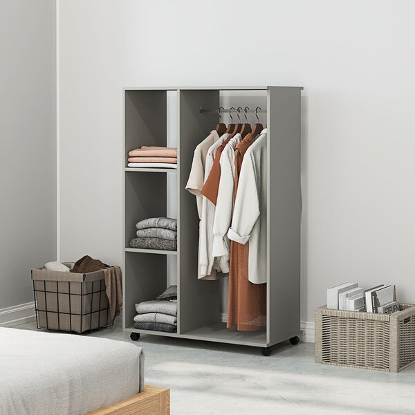 HOMCOM Open Wardrobe on Wheels with Clothes Rail, Bedroom Clothes Storage with Hanging Rod, 3 Storage Shelve, Grey Aosom UK