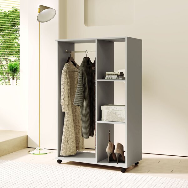 HOMCOM Open Wardrobe on Wheels with Clothes Rail, Bedroom Clothes Storage with Hanging Rod, 3 Storage Shelve, Grey Aosom UK