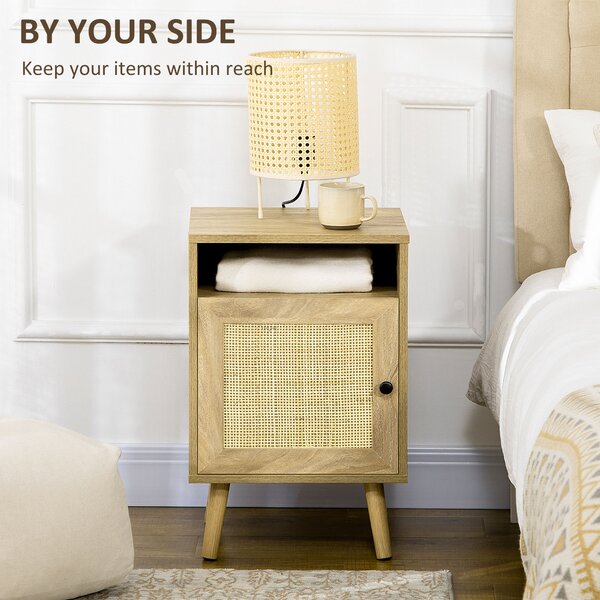 HOMCOM Bedside Table with Rattan Element, Side End Table with Shelf and Cupboard, 39cmx35cmx60cm, Natural Aosom UK