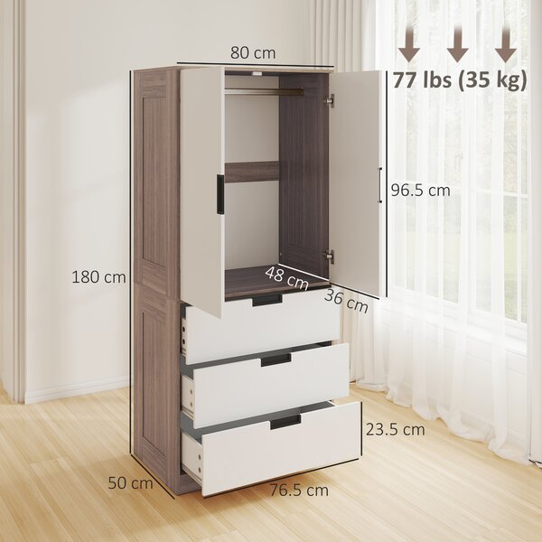 HOMCOM 2 Door Wardrobe, Modern Wardrobe with 3 Drawers and Hanging Rod for Bedroom, Brown Aosom UK