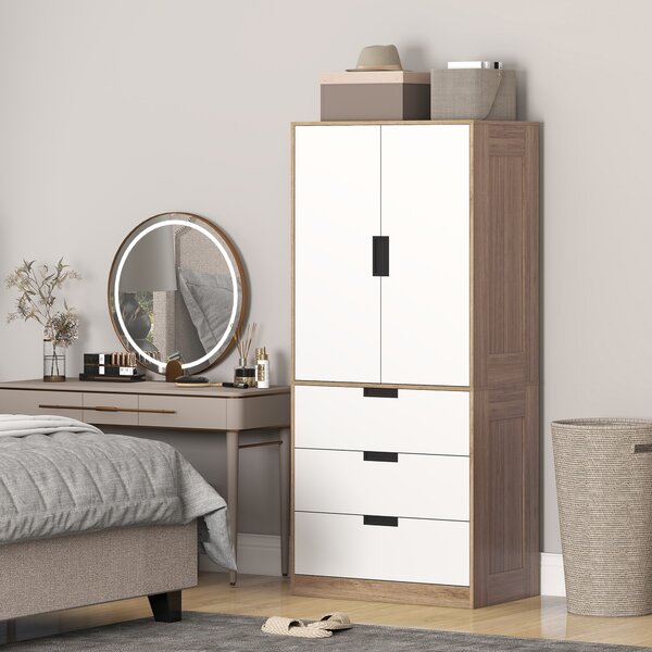 HOMCOM 2 Door Wardrobe, Modern Wardrobe with 3 Drawers and Hanging Rod for Bedroom, Brown Aosom UK