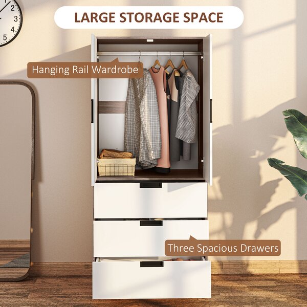 HOMCOM 2 Door Wardrobe, Modern Wardrobe with 3 Drawers and Hanging Rod for Bedroom, Brown Aosom UK