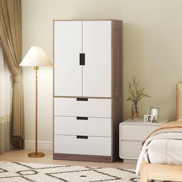 HOMCOM 2 Door Wardrobe, Modern Wardrobe with 3 Drawers and Hanging Rod for Bedroom, Brown Aosom UK