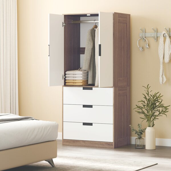 HOMCOM 2 Door Wardrobe, Modern Wardrobe with 3 Drawers and Hanging Rod for Bedroom, Brown Aosom UK