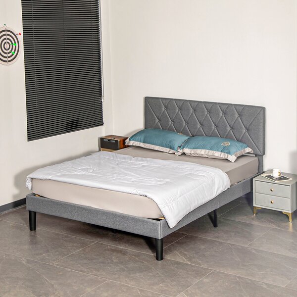 HOMCOM Double Bed Frame with 5-Level Adjustable Linen Upholstered Headboard, Wooden Slats Mattress Foundation, No Box Spring Needed, Grey Aosom UK