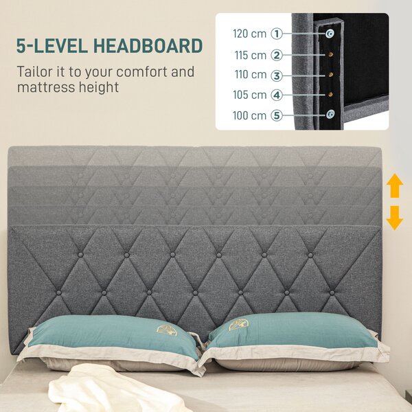 HOMCOM Double Bed Frame with 5-Level Adjustable Linen Upholstered Headboard, Wooden Slats Mattress Foundation, No Box Spring Needed, Grey Aosom UK