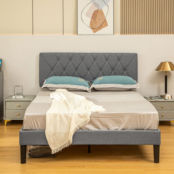 HOMCOM Double Bed Frame with 5-Level Adjustable Linen Upholstered Headboard, Wooden Slats Mattress Foundation, No Box Spring Needed, Grey Aosom UK