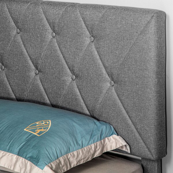 HOMCOM Double Bed Frame with 5-Level Adjustable Linen Upholstered Headboard, Wooden Slats Mattress Foundation, No Box Spring Needed, Grey Aosom UK