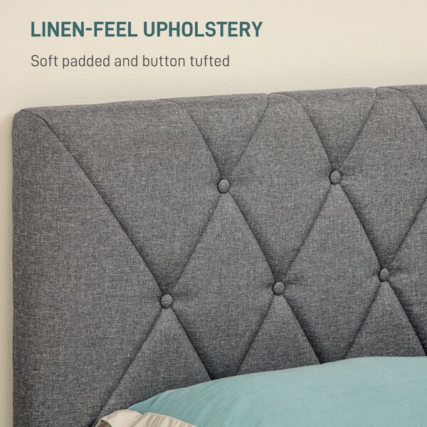 HOMCOM Double Bed Frame with 5-Level Adjustable Linen Upholstered Headboard, Wooden Slats Mattress Foundation, No Box Spring Needed, Grey Aosom UK
