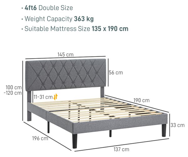 HOMCOM Double Bed Frame with 5-Level Adjustable Linen Upholstered Headboard, Wooden Slats Mattress Foundation, No Box Spring Needed, Grey Aosom UK