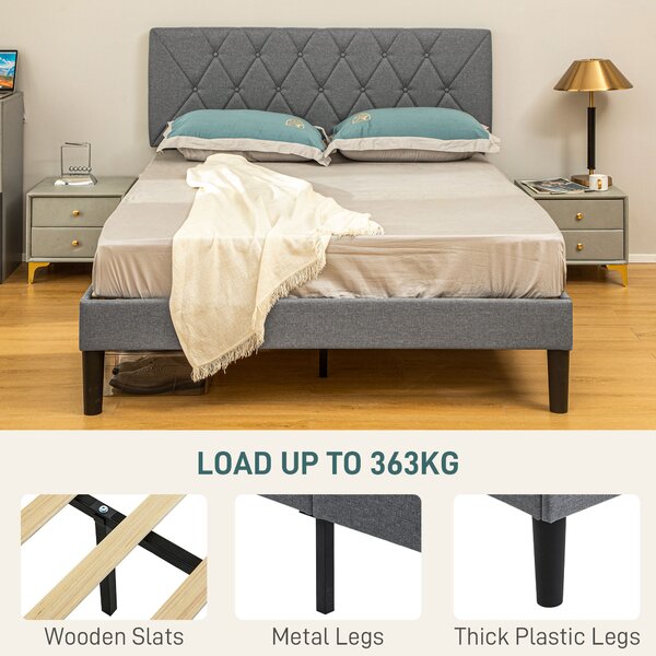 HOMCOM Double Bed Frame with 5-Level Adjustable Linen Upholstered Headboard, Wooden Slats Mattress Foundation, No Box Spring Needed, Grey Aosom UK