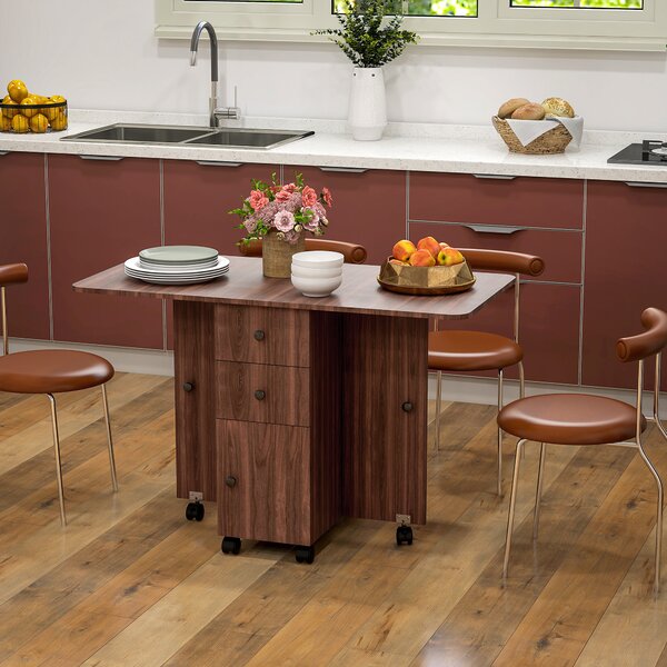 HOMCOM Multi-Storage Six-Person Drop Leaf Dining Table - Distressed Brown Aosom UK