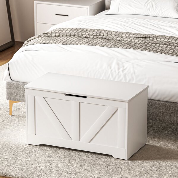 HOMCOM 100L Home Storage Box, with Safety Hinges - White Wood-Effect Aosom UK