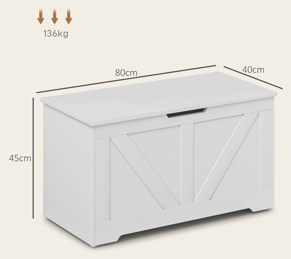 HOMCOM 100L Home Storage Box, with Safety Hinges - White Wood-Effect Aosom UK