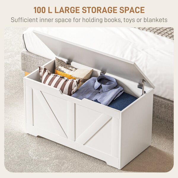HOMCOM 100L Home Storage Box, with Safety Hinges - White Wood-Effect Aosom UK