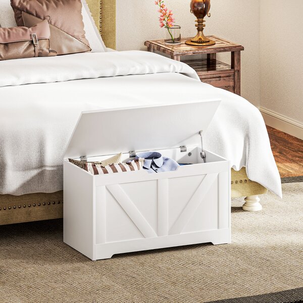 HOMCOM 100L Home Storage Box, with Safety Hinges - White Wood-Effect Aosom UK