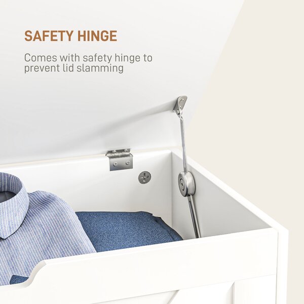 HOMCOM 100L Home Storage Box, with Safety Hinges - White Wood-Effect Aosom UK