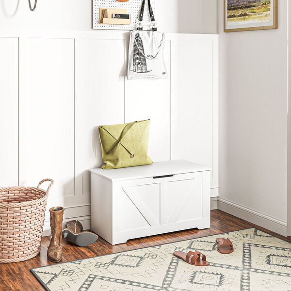HOMCOM 100L Home Storage Box, with Safety Hinges - White Wood-Effect Aosom UK