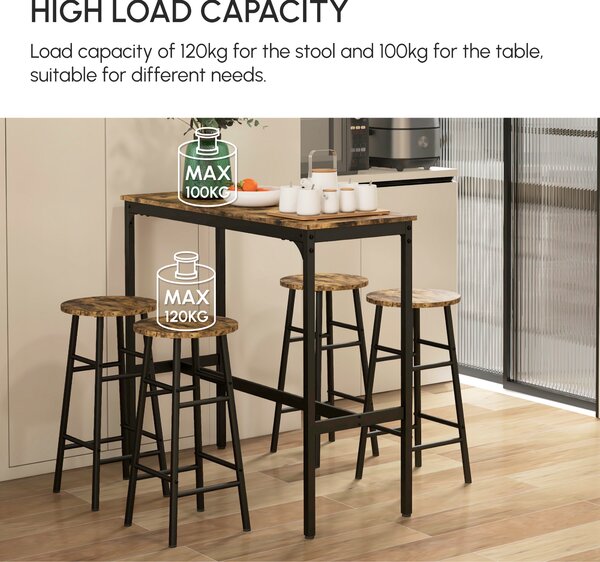 HOMCOM 5 Piece Bar Table Set with 4 Stools, Industrial Bar Table and Stool Set, Dining Table and Chair Set, Rustic Brown Aosom UK