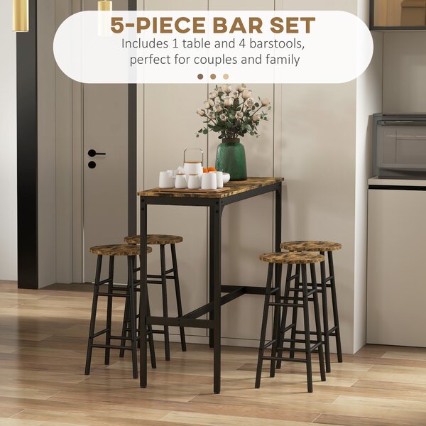 HOMCOM 5 Piece Bar Table Set with 4 Stools, Industrial Bar Table and Stool Set, Dining Table and Chair Set, Rustic Brown Aosom UK
