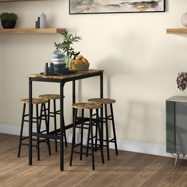 HOMCOM 5 Piece Bar Table Set with 4 Stools, Industrial Bar Table and Stool Set, Dining Table and Chair Set, Rustic Brown Aosom UK