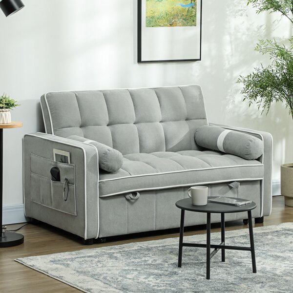 HOMCOM Two-Seater Linen-Look Sofa Bed - Light Grey Aosom UK