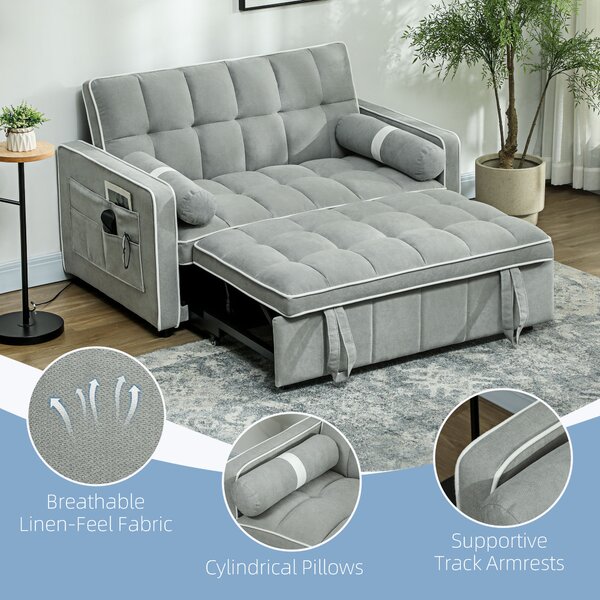 HOMCOM Two-Seater Linen-Look Sofa Bed - Light Grey Aosom UK