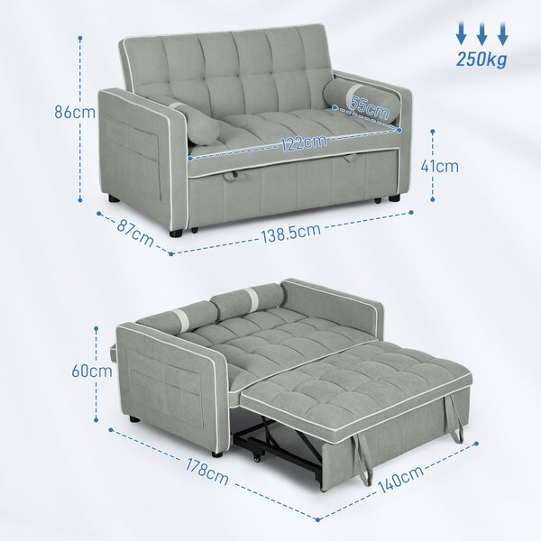 HOMCOM Two-Seater Linen-Look Sofa Bed - Light Grey Aosom UK