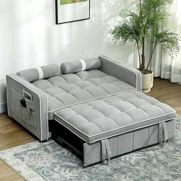 HOMCOM Two-Seater Linen-Look Sofa Bed - Light Grey Aosom UK