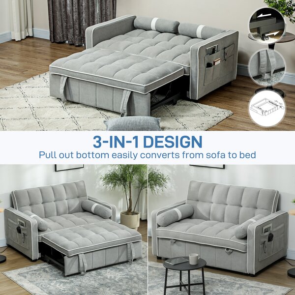HOMCOM Two-Seater Linen-Look Sofa Bed - Light Grey Aosom UK