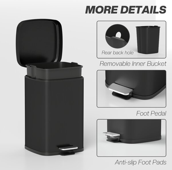HOMCOM 20L Modern Boxy Metal Home Kitchen Bin - Black Aosom UK