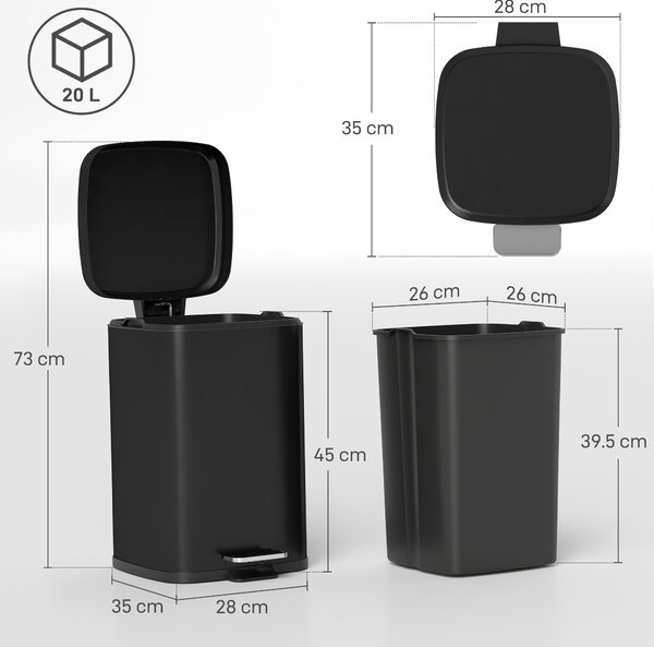 HOMCOM 20L Modern Boxy Metal Home Kitchen Bin - Black Aosom UK