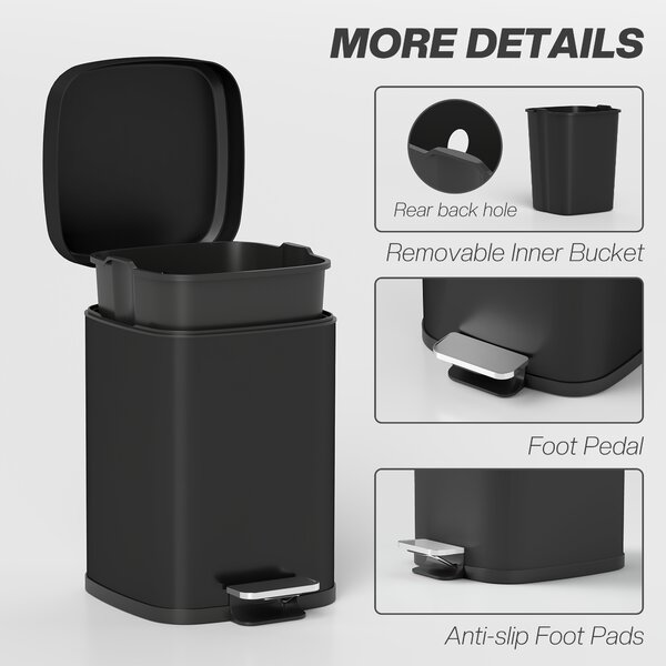 HOMCOM 12L Modern Boxy Metal Home Kitchen Bin - Black Aosom UK