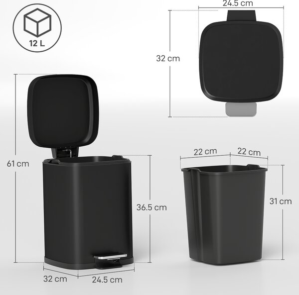 HOMCOM 12L Modern Boxy Metal Home Kitchen Bin - Black Aosom UK