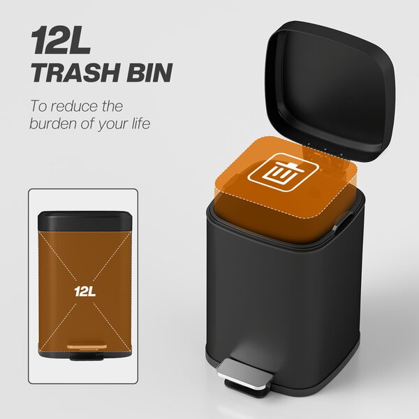 HOMCOM 12L Modern Boxy Metal Home Kitchen Bin - Black Aosom UK