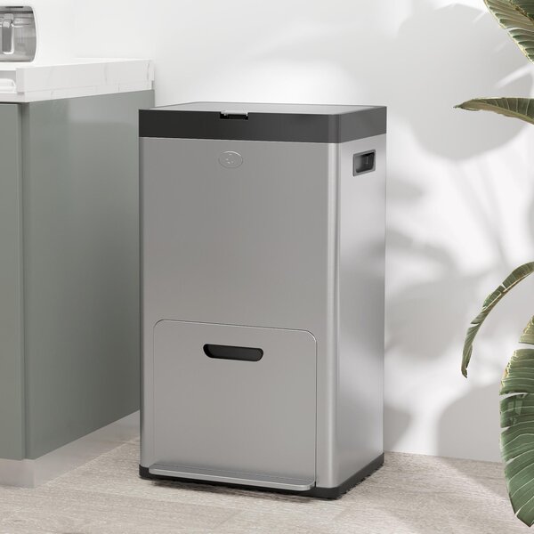 HOMCOM 56L Triple Compartment Stainless Steel Kitchen Bin, with Deodoriser Holders and Wheels - Silver Tone Aosom UK