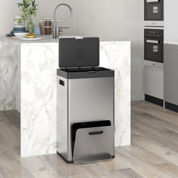 HOMCOM 56L Triple Compartment Stainless Steel Kitchen Bin, with Deodoriser Holders and Wheels - Silver Tone Aosom UK
